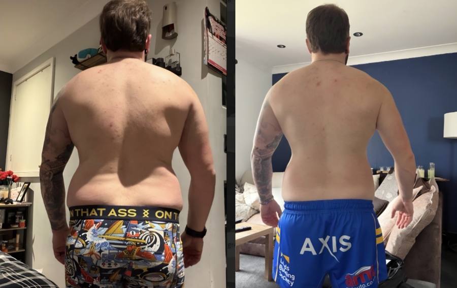 Male coaching client back view before and after